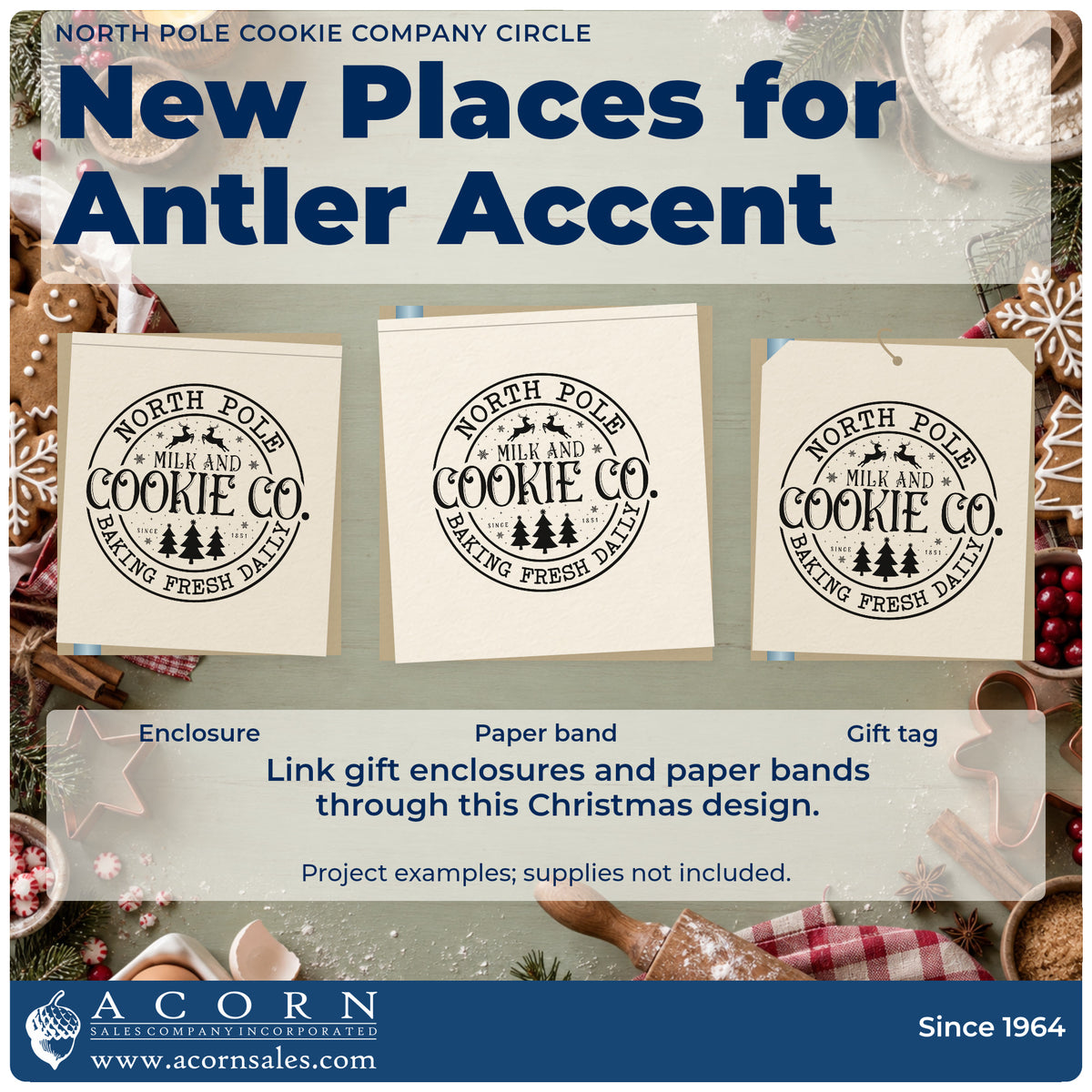 Three project examples made with the North Pole Cookie Company Circle Rubber Stamp – Duo Hand, including approval stamp page.