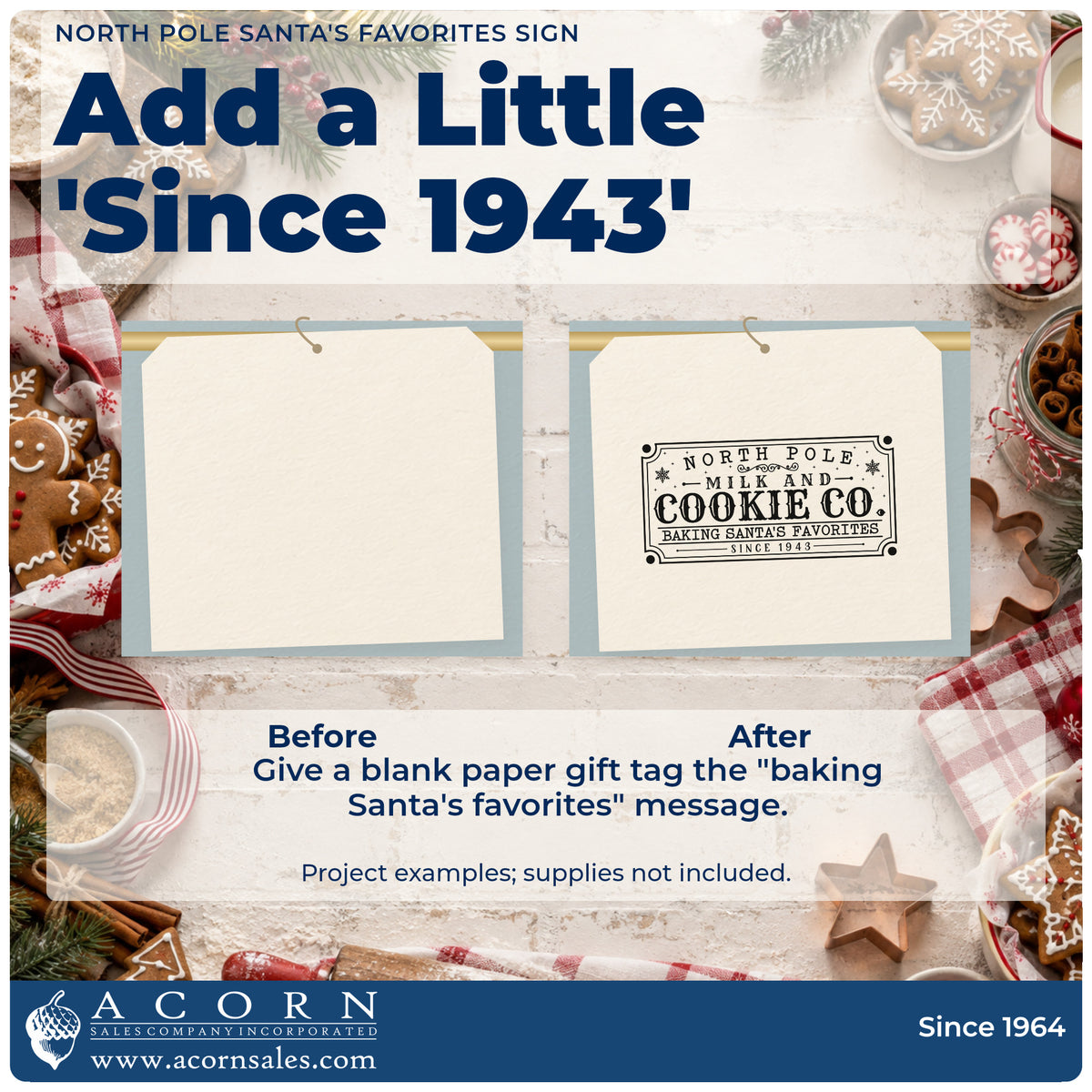 Before and after of a plain item finished with the PSI Pre-Inked North Pole Santa's Favorites Sign Lettering Stamp, a quick upgrade for framed counter wall.