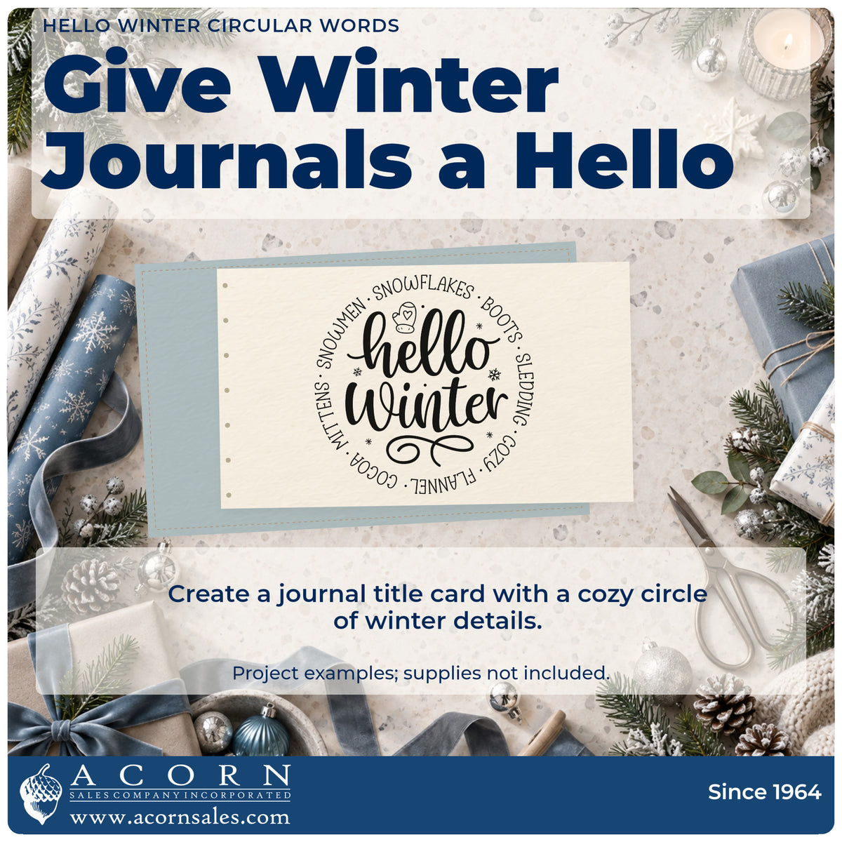 A finished handmade project stamped with the Self-Inking Hello Winter Circular Words Stamp, ideal for term list album.