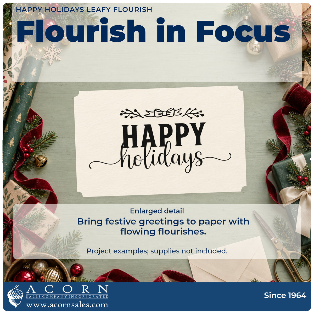 Enlarged detail of the Premium Wooden Happy Holidays Leafy Flourished Lettering Stamp – Vintage Pro imprint. The greeting "Happy holidays" appears with a leafy flourish above and fine curling lines below.