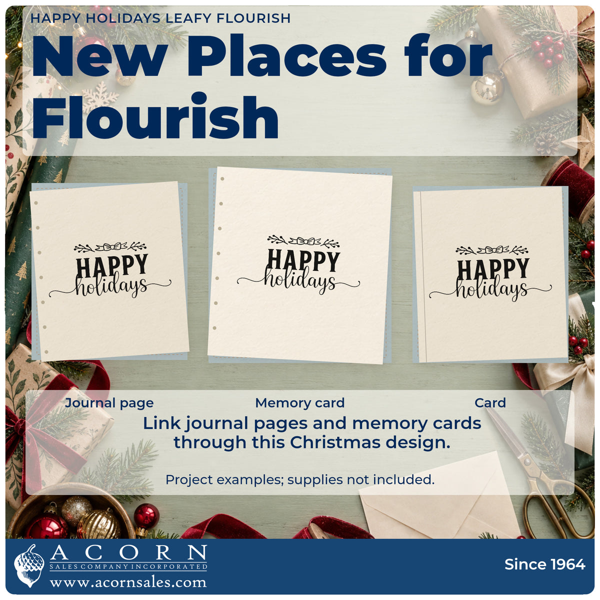 Three project examples made with the Happy Holidays Leafy Flourished Lettering PSI Pre-Inked Stamp, including banded gift tags.