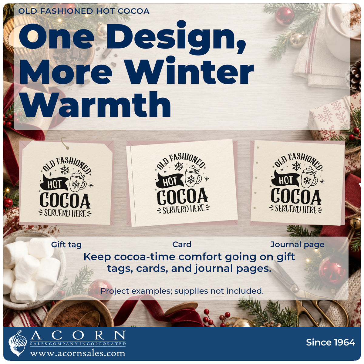 Three project examples made with the Old Fashioned Hot Cocoa Stamp – Slim Pre-Inked, including batch recipe sheet.