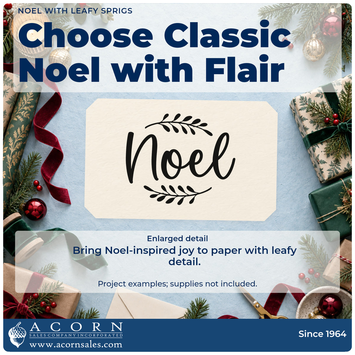Enlarged detail of the Noel With Leafy Sprigs Slim Pre-Inked Stamp imprint. The script word "Noel" appears between two leafy sprigs.