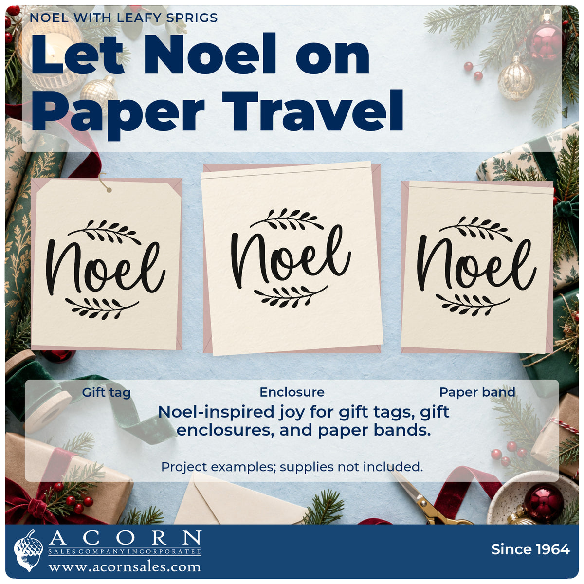 Three project examples made with the Noel With Leafy Sprigs Wood Handle Stamp, including month break sheet.