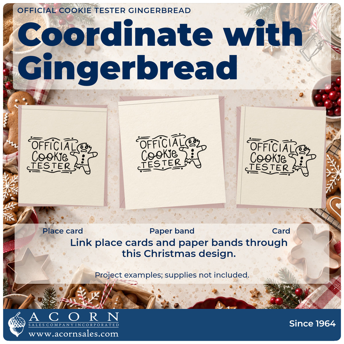 Three project examples made with the Official Cookie Tester Gingerbread Lettering Hand Stamp – Duo, including score field sheet.