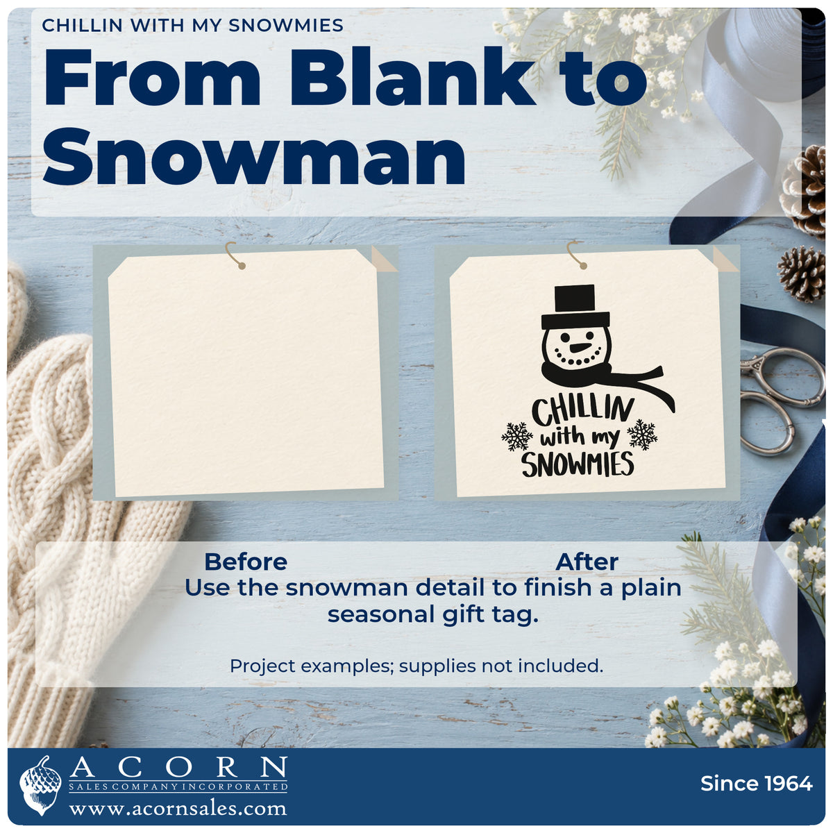 Before and after of a plain item finished with the Chillin With My Snowmies Snowman Hand Stamp – Duo, a quick upgrade for framed mudroom shelf.