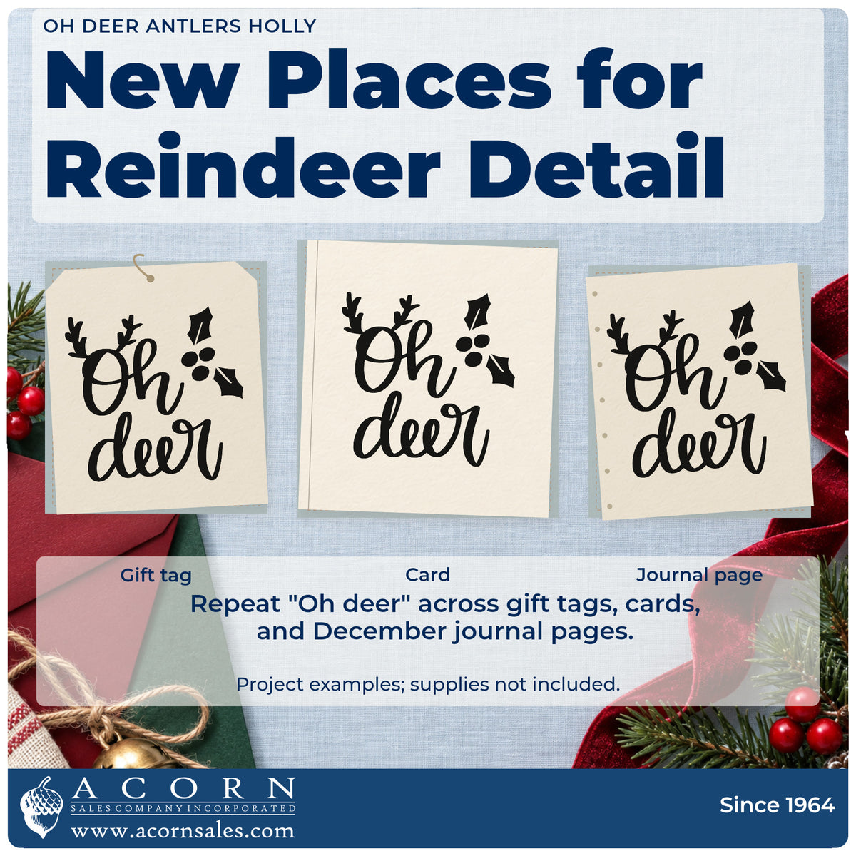 Three project examples made with the Oh Deer Antlers Holly Lettering Premium Wooden Stamp – Vintage Pro, including short note sheet.