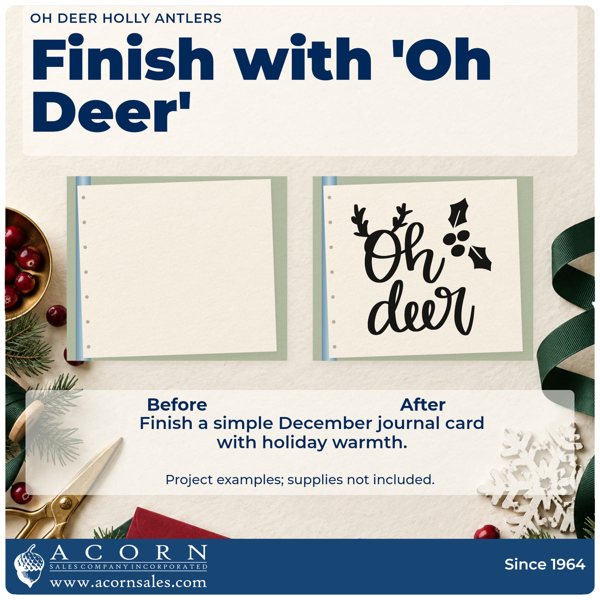 Before and after of a plain item finished with the Oh Deer Holly Antlers Stamp – PSI Pre-Inked, a quick upgrade for framed shed wall.