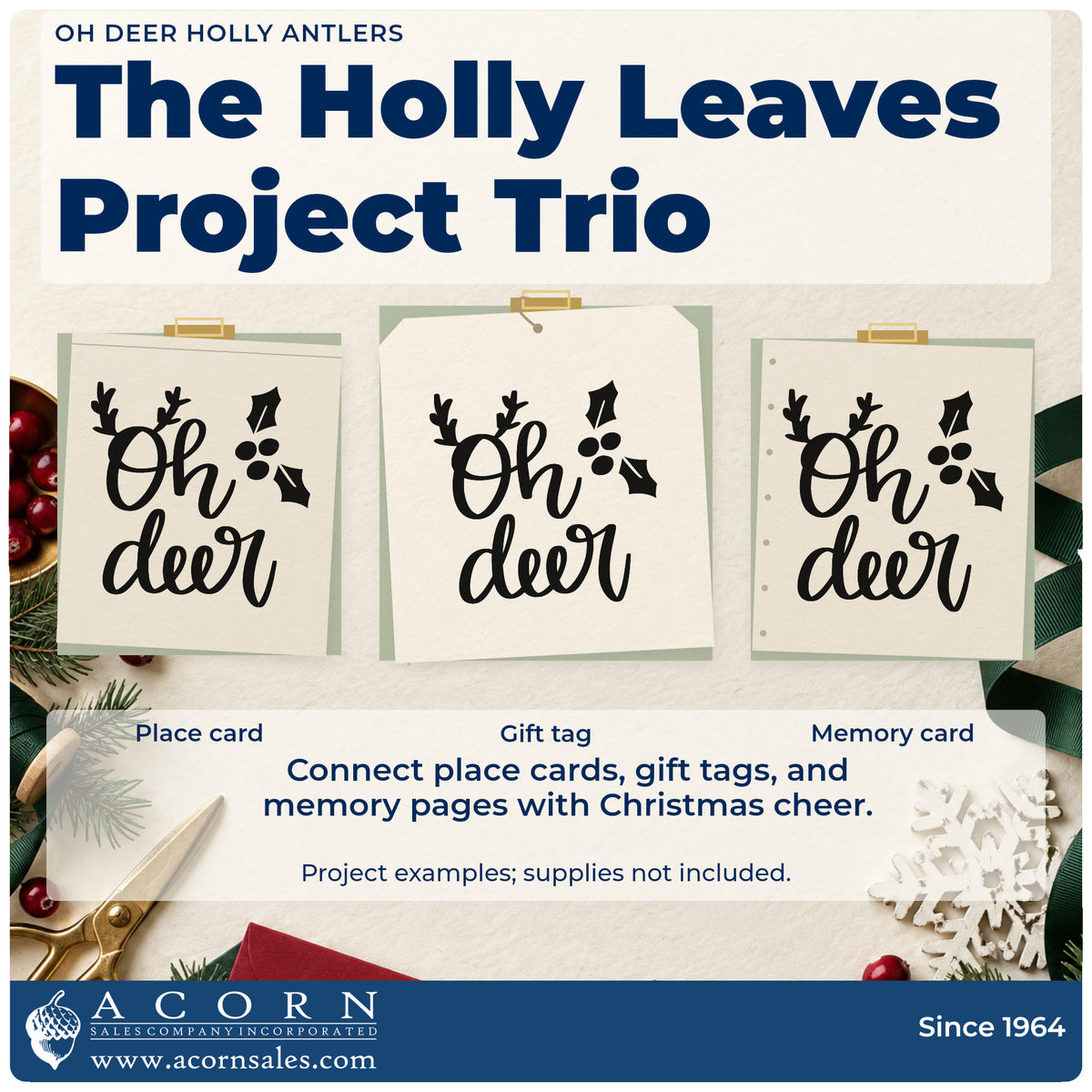 Three project examples made with the Duo Hand Oh Deer Holly Antlers Rubber Stamp, including cutting plan sheet.