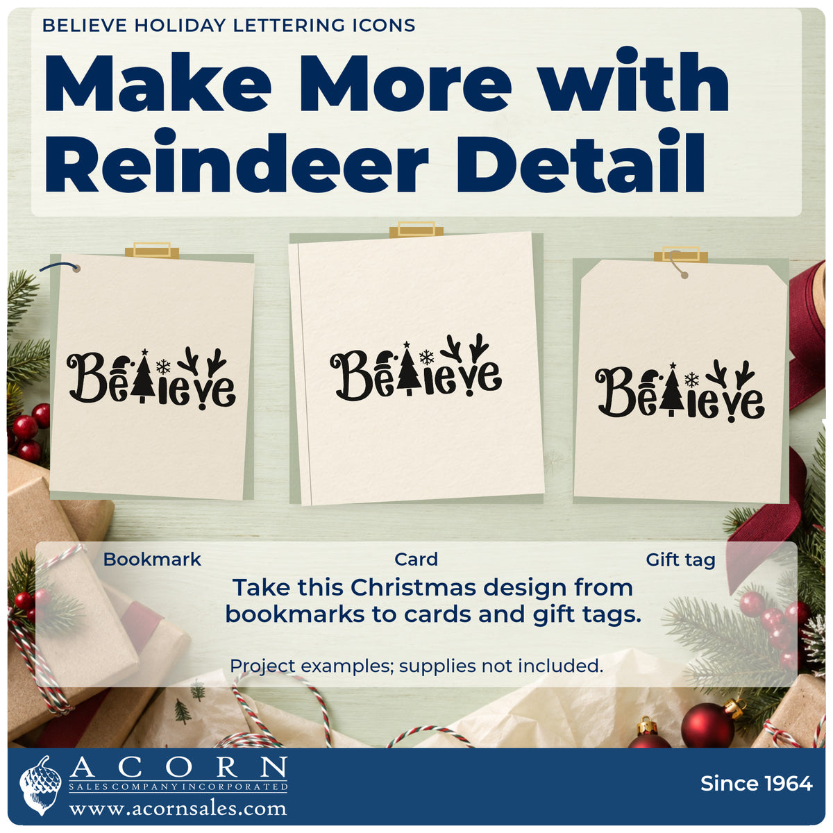 Three project examples made with the Believe Holiday Lettering Icons Antlers Craft Stamp – Self-Inking, including sketch note sheet.