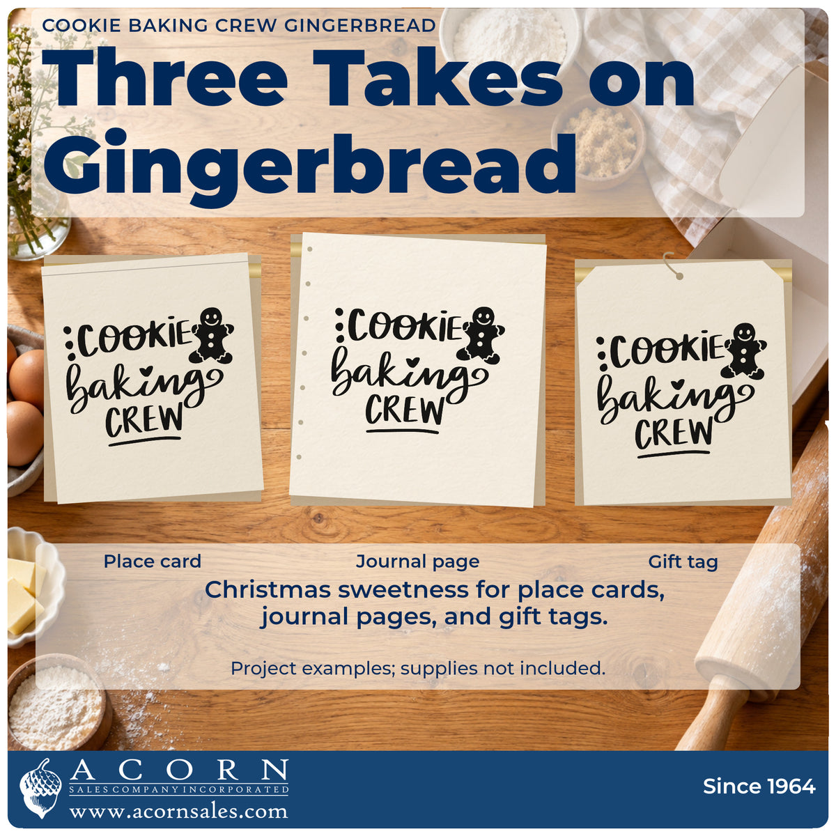 Three project examples made with the PSI Pre-Inked Cookie Baking Crew Gingerbread Lettering Stamp, including member name tags.