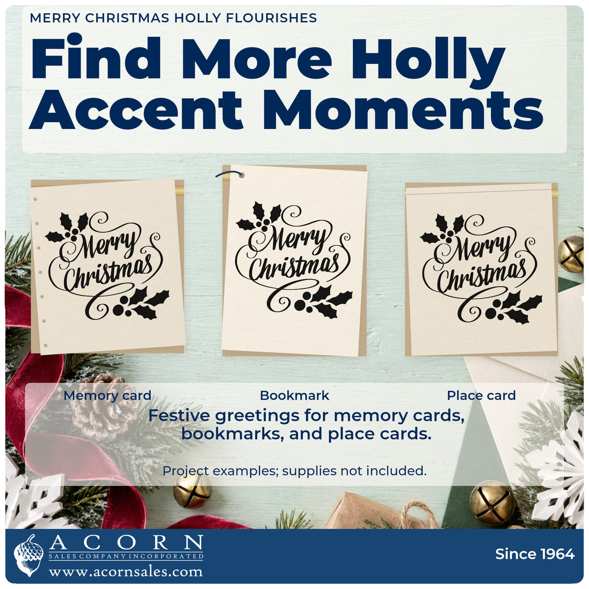 Three project examples made with the Merry Christmas Holly Flourishes Frame Accent PSI Pre-Inked Stamp, including guest book opener.
