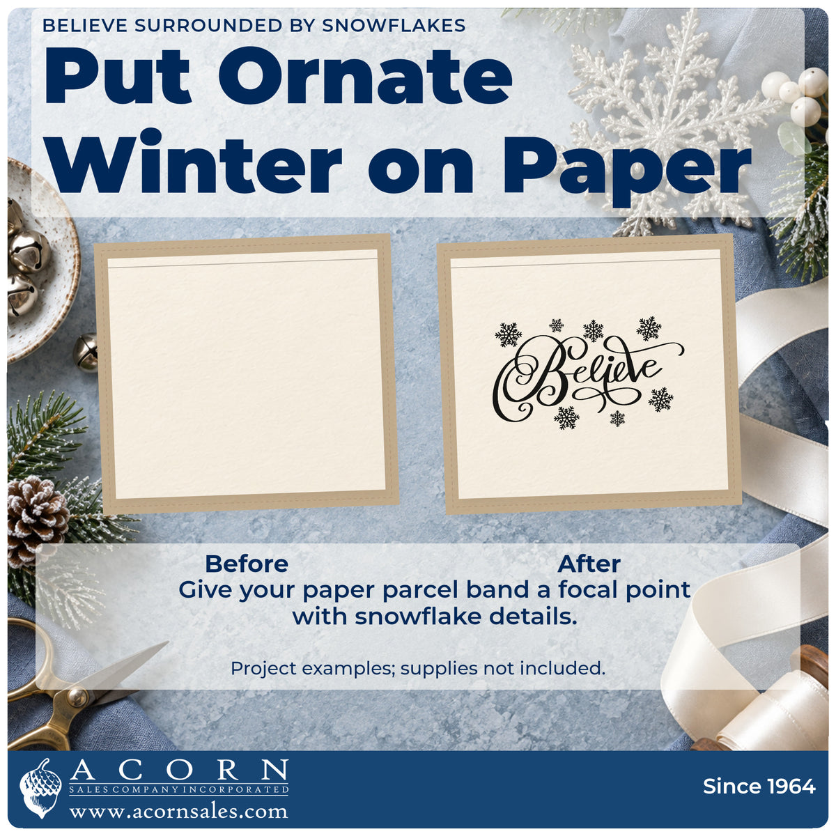 Before and after of a plain item finished with the Wood Handle Believe Surrounded By Snowflakes Script Lettering Rubber Stamp, a quick upgrade for framed frosted window.