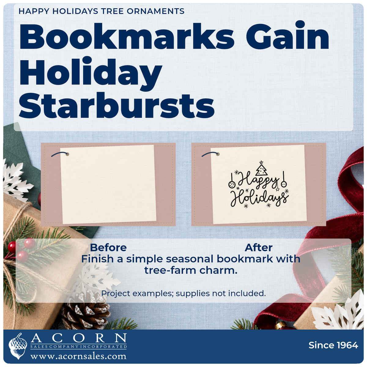 Before and after of a plain item finished with the Happy Holidays Tree Ornaments Slim Pre-Inked Stamp, a quick upgrade for framed tree corner.