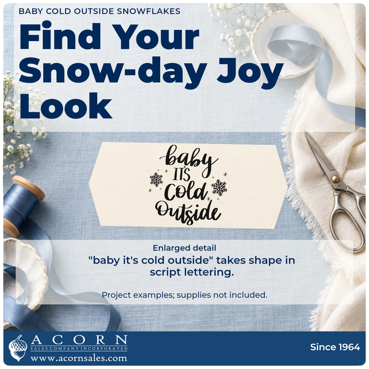 Enlarged detail of the Baby Cold Outside Snowflakes Script Lettering Hand Stamp – Duo imprint. The words "baby it's cold outside" appear in mixed script and capitals with snowflakes.