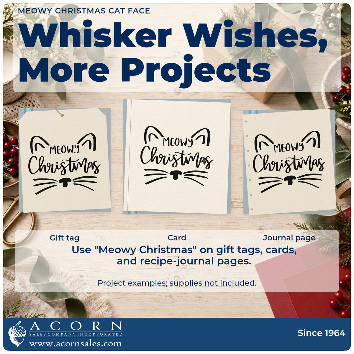 Three project examples made with the Meowy Christmas Cat Face Lettering Pre-Inked Stamp – Slim, including grooming log sheet.