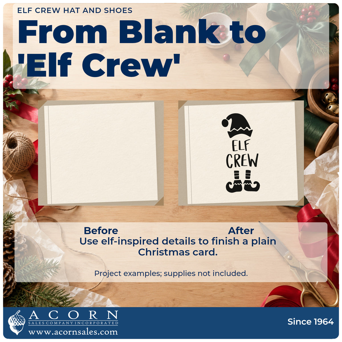 Before and after of a plain item finished with the Elf Crew Hat And Shoes Self-Inking Stamp, a quick upgrade for tunic front printing.