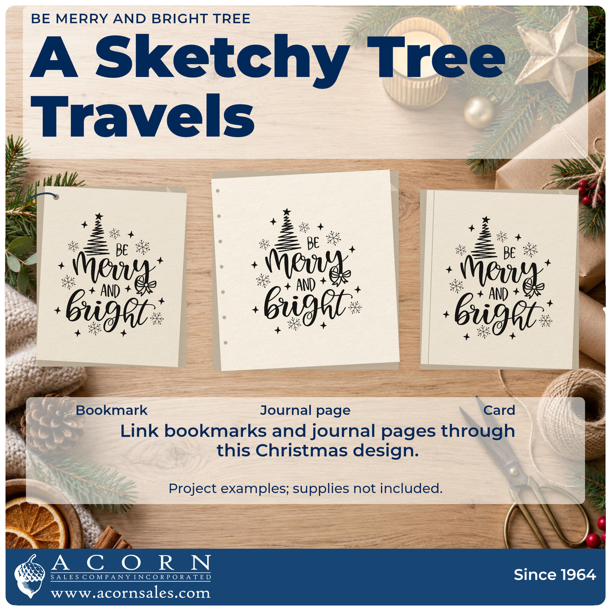 Three project examples made with the Be Merry And Bright Tree Rubber Stamp – Duo Hand, including doodle margin sheet.