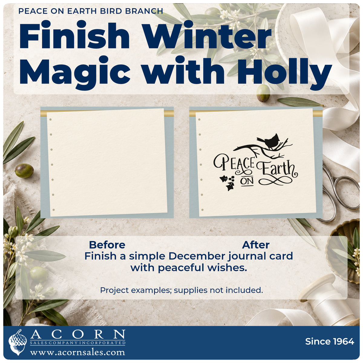 Before and after of a plain item finished with the Peace On Earth Bird Branch Holly Premium Wooden Stamp – Vintage Pro, a quick upgrade for framed window seat.