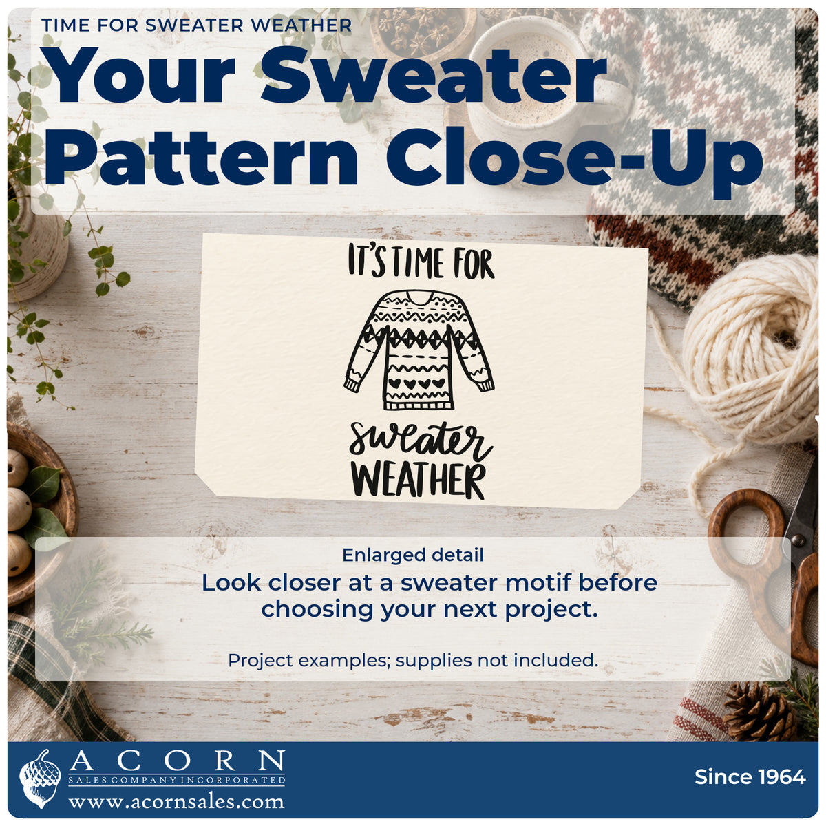 Enlarged detail of the Slim Pre-Inked Time For Sweater Weather Stamp imprint. A patterned sweater separates "It's time for" from "sweater weather."