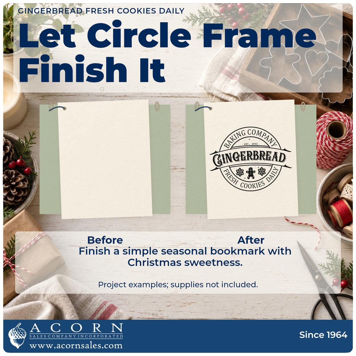 Before and after of a plain item finished with the Gingerbread Fresh Cookies Daily Pre-Inked Stamp – Slim, a quick upgrade for framed oven wall.
