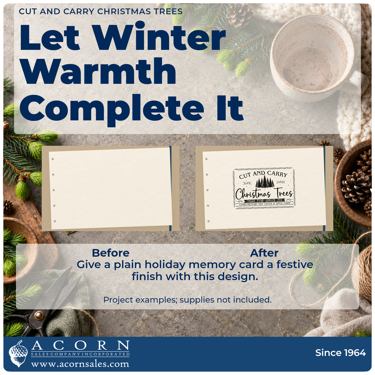 Before and after of a plain item finished with the Cut And Carry Christmas Trees Premium Wooden Stamp – Vintage Pro, a quick upgrade for sled cover printing.