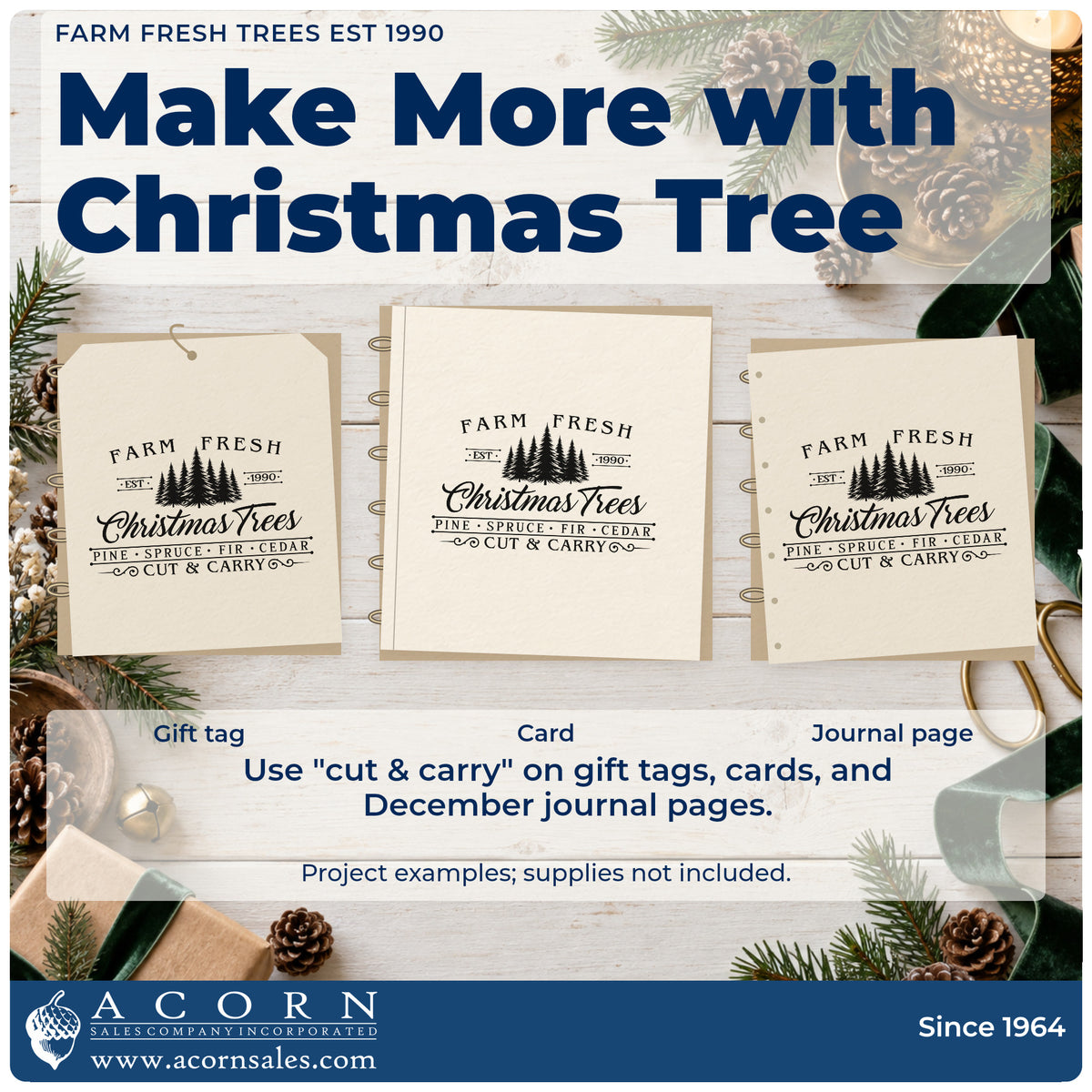 Three project examples made with the Farm Fresh Trees Est 1990 Pine Motif Stamp – Premium Vintage Pro Wooden, including season tally sheet.