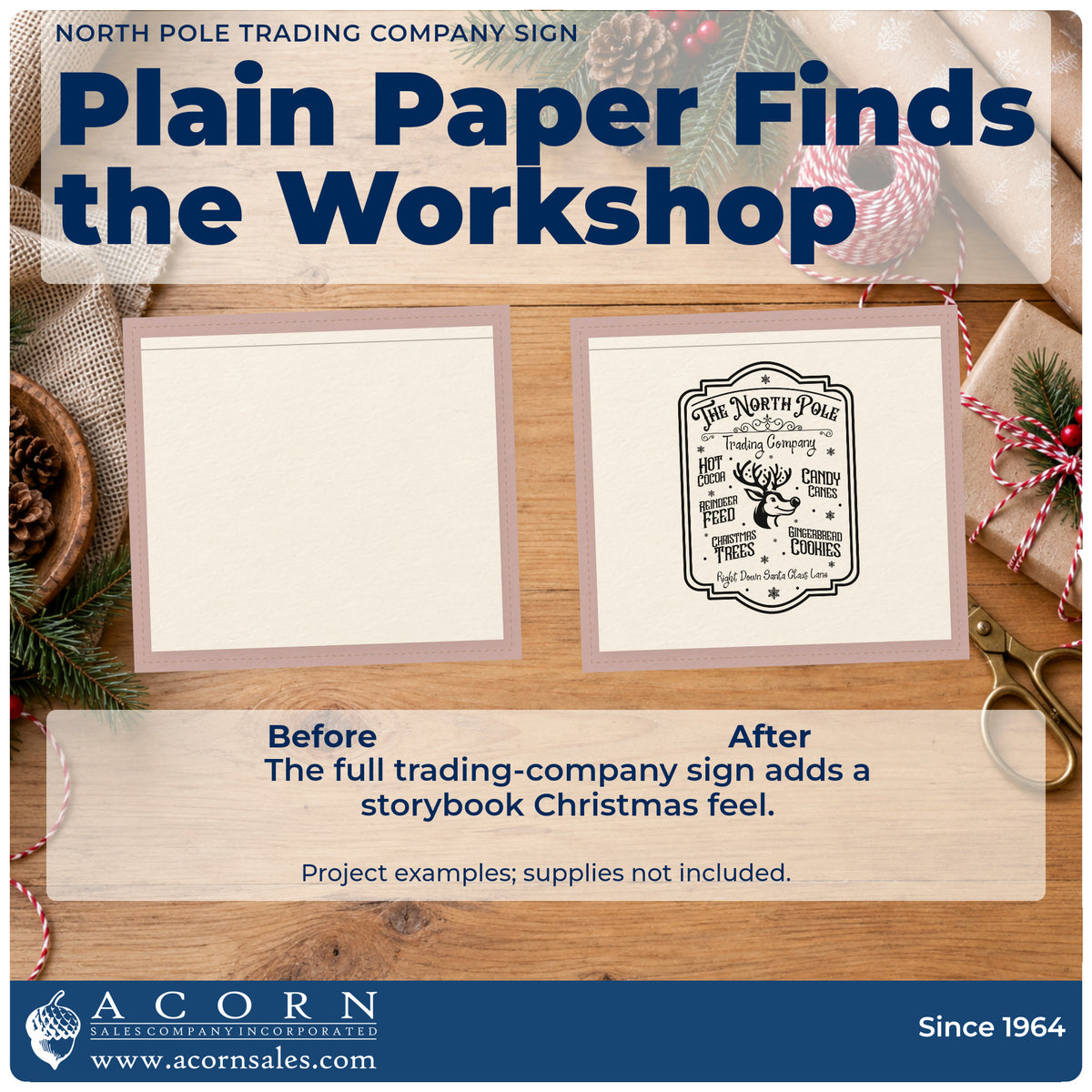 Before and after of a plain item finished with the Pre-Inked North Pole Trading Company Sign Candy Cane Stamp – PSI, a quick upgrade for framed register wall.