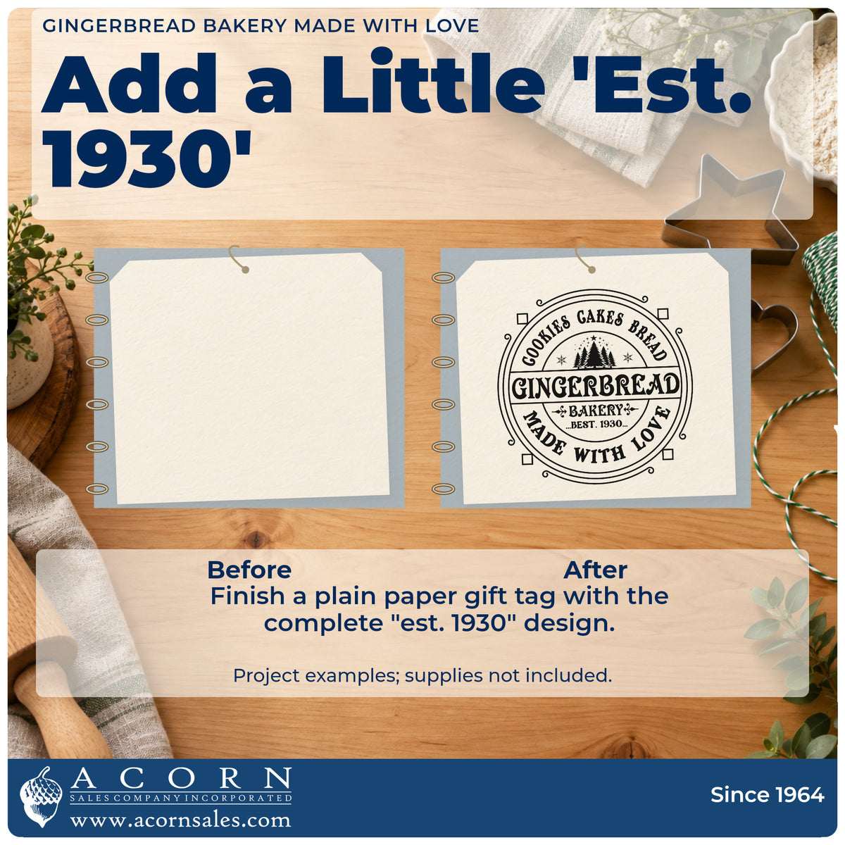 Before and after of a plain item finished with the Gingerbread Bakery Made With Love Premium Wooden Stamp – Vintage Pro, a quick upgrade for framed shop corner.