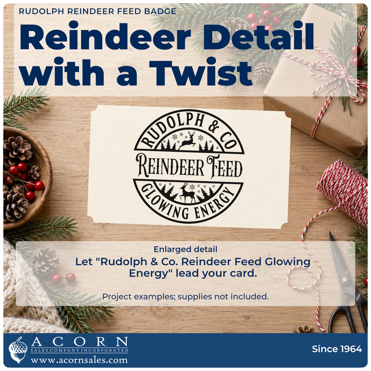 Enlarged detail of the Rudolph & Co. Reindeer Feed Glowing Energy Premium Wooden Stamp – Vintage Pro imprint. A circular badge reads "Rudolph & Co. Reindeer Feed Glowing Energy" with reindeer silhouettes, trees, and stars.