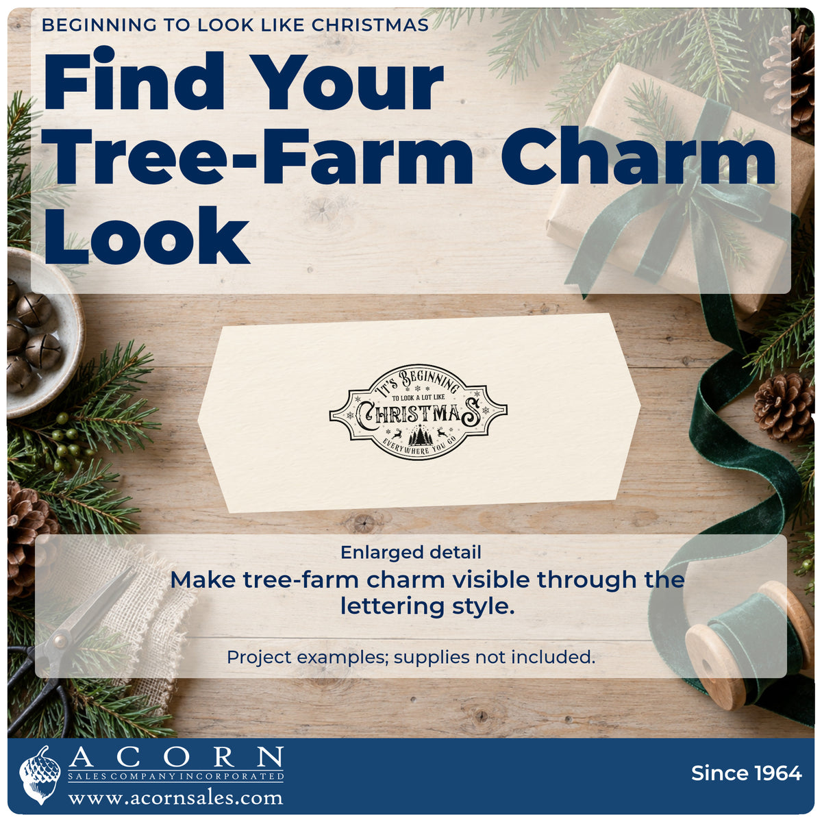 Enlarged detail of the Beginning To Look Like Christmas Self-Inking Craft Stamp imprint. A decorative vintage label reads "It's beginning to look a lot like Christmas everywhere you go" with small trees and ornamental details.