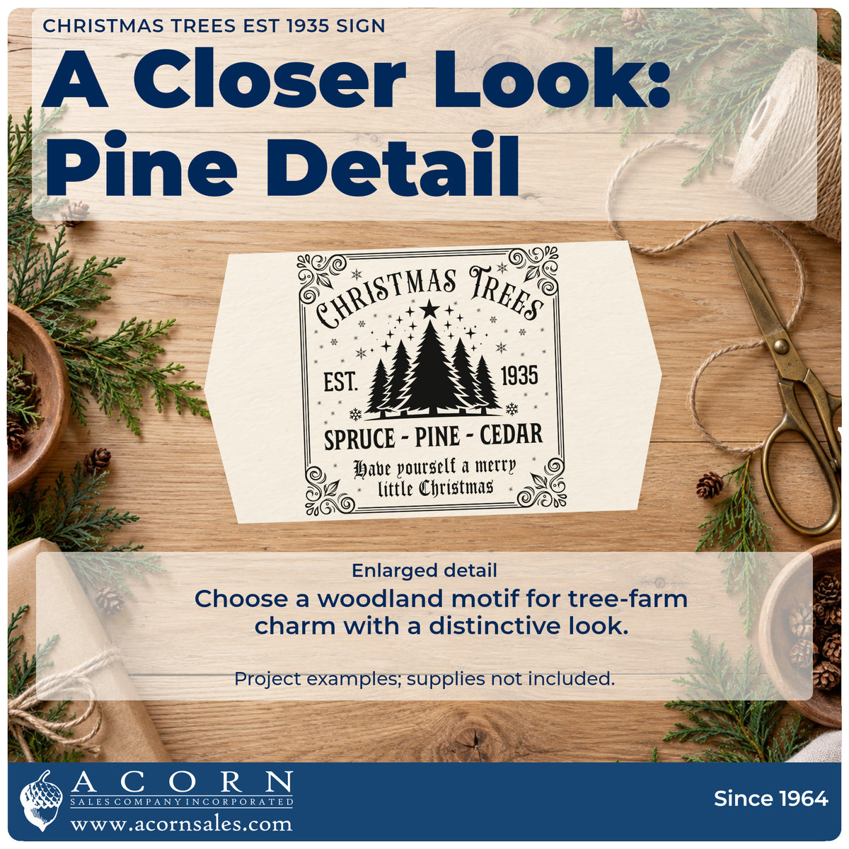 Enlarged detail of the Christmas Trees Est 1935 Sign Pine Motif Self-Inking Stamp imprint. A rectangular ornate sign features pine trees, "Christmas trees," "est. 1935," "spruce pine cedar," and a merry-little-Christmas phrase.