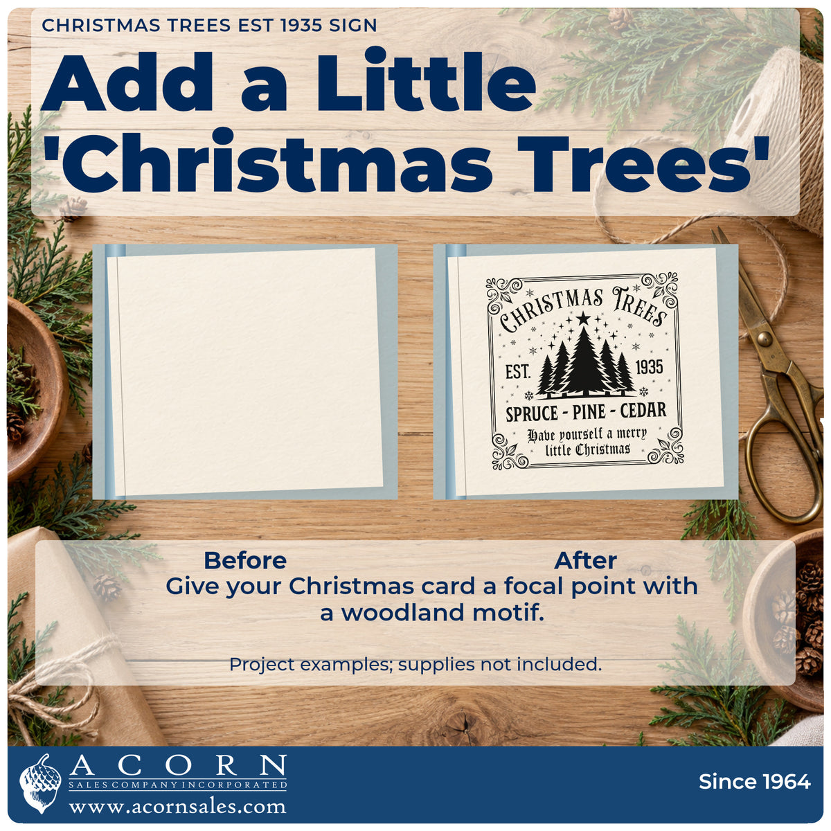 Before and after of a plain item finished with the Christmas Trees Est 1935 Sign Pine Motif PSI Pre-Inked Stamp, a quick upgrade for framed shed wall.