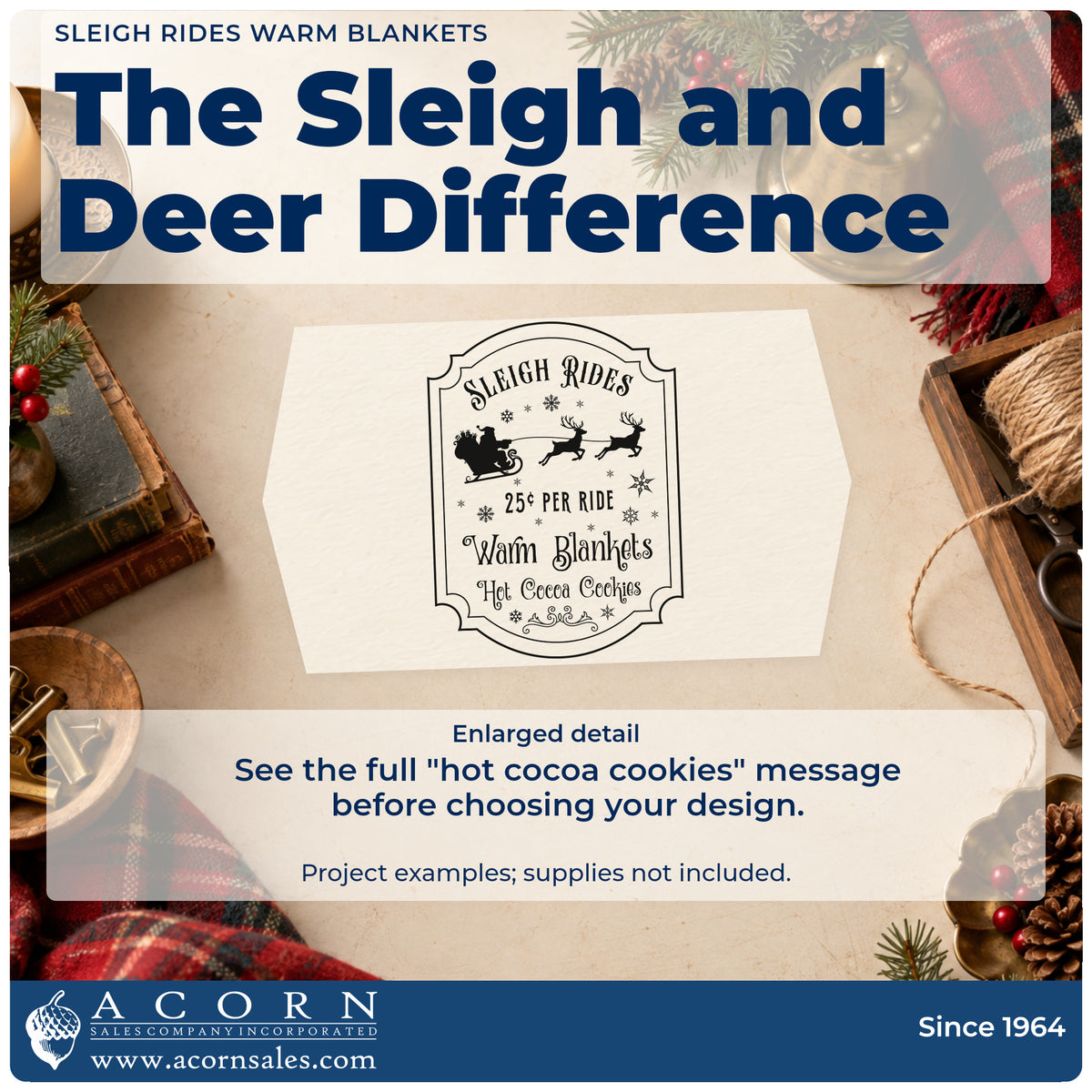 Enlarged detail of the Sleigh Rides Warm Blankets Pre-Inked Stamp – PSI imprint. A vintage sign shows Santa's sleigh and reindeer above "25¢ per ride," "warm blankets," and "hot cocoa cookies."