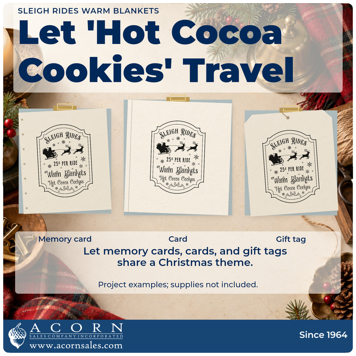 Three project examples made with the Sleigh Rides Warm Blankets Stamp – Duo Hand, including rate card sheet.