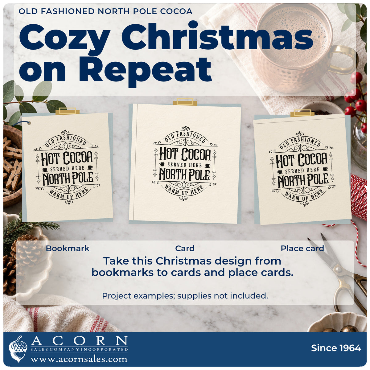 Three project examples made with the Old Fashioned North Pole Cocoa PSI Pre-Inked Stamp, including volunteer shift sheet.