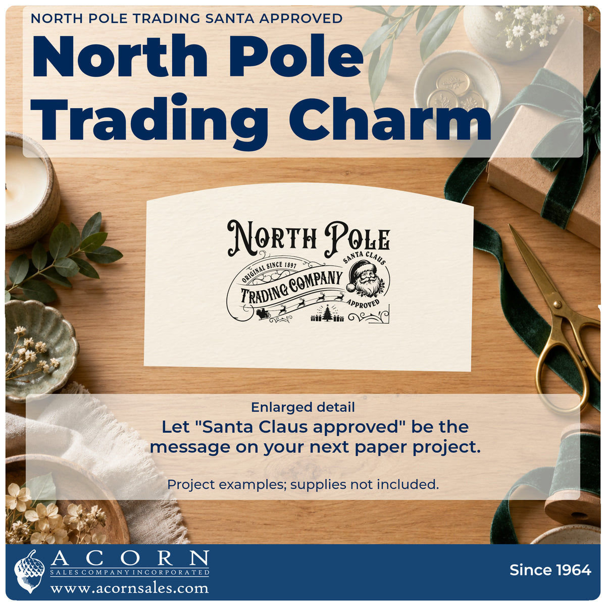 Enlarged detail of the North Pole Trading Santa Approved Tree Motif Stamp – Premium Vintage Pro Wooden imprint. A vintage North Pole Trading Company design includes a Santa face marked "Santa Claus approved," small trees, and sweeping scrollwork.