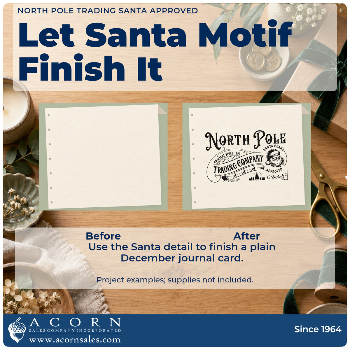 Before and after of a plain item finished with the North Pole Trading Santa Approved Tree Motif Craft Stamp – Self-Inking, a quick upgrade for framed office plaque.