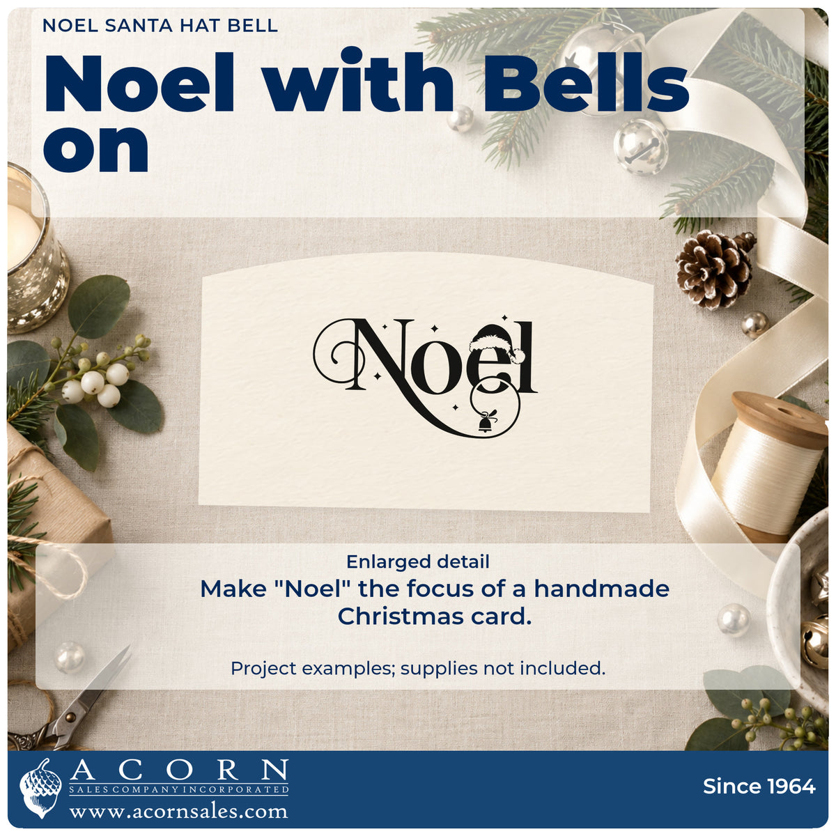 Enlarged detail of the Noel Santa Hat Bell PSI Pre-Inked Stamp imprint. The word "Noel" appears in ornate lettering with a Santa hat, hanging bell, and small star accents.