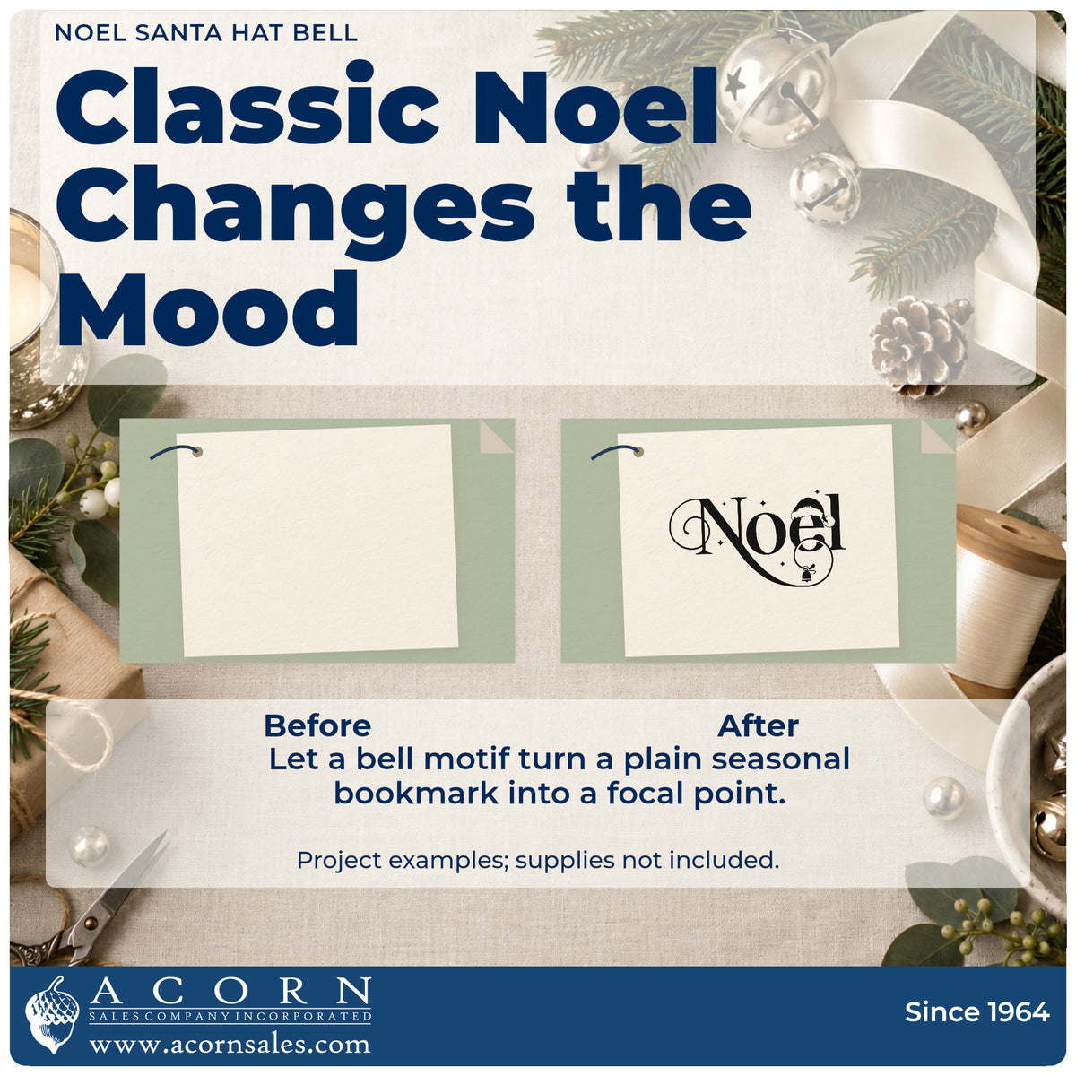 Before and after of a plain item finished with the Noel Santa Hat Bell PSI Pre-Inked Stamp, a quick upgrade for ribbon face printing.