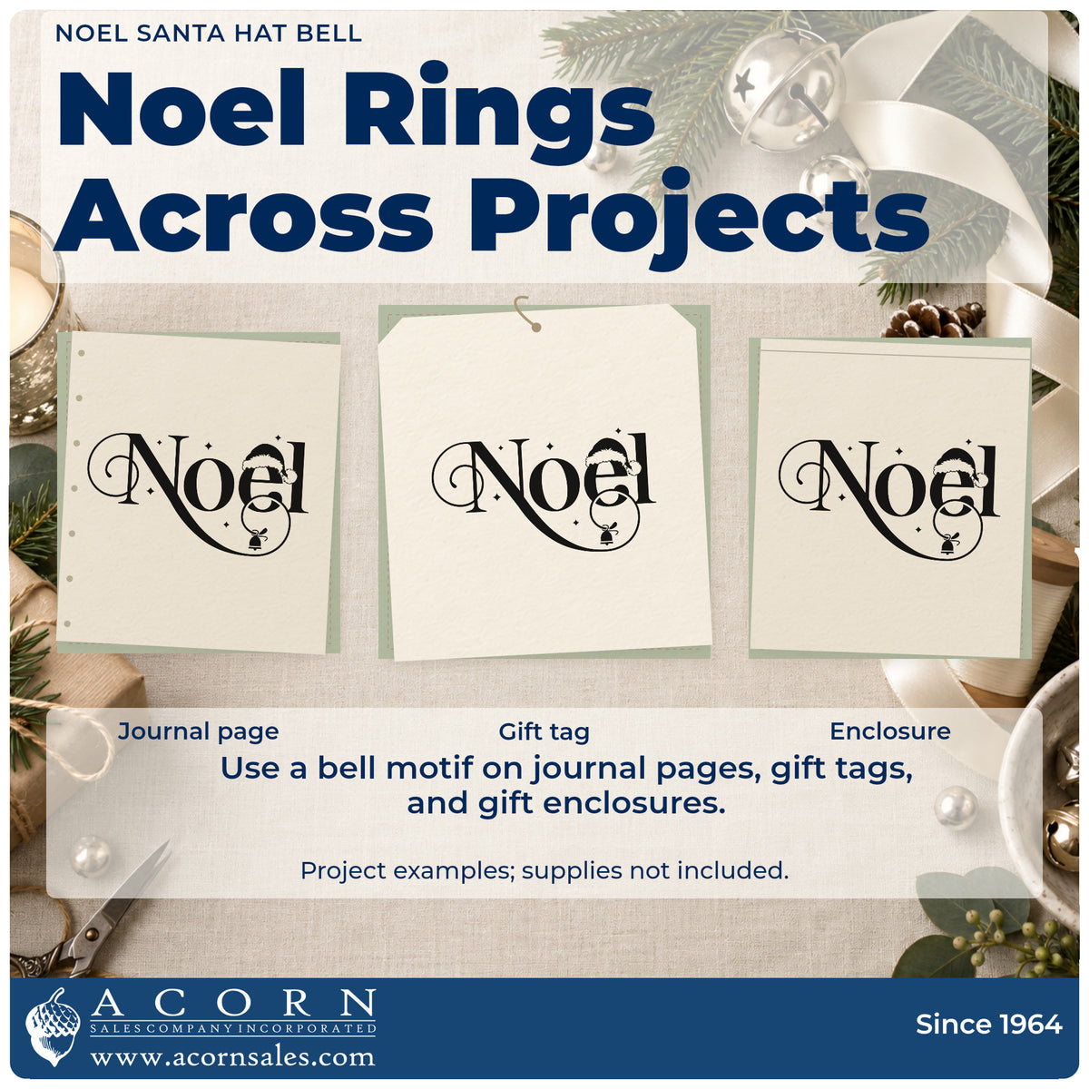 Three project examples made with the Noel Santa Hat Bell Compact Pre-Inked Stamp – Slim, including bell charm tags.
