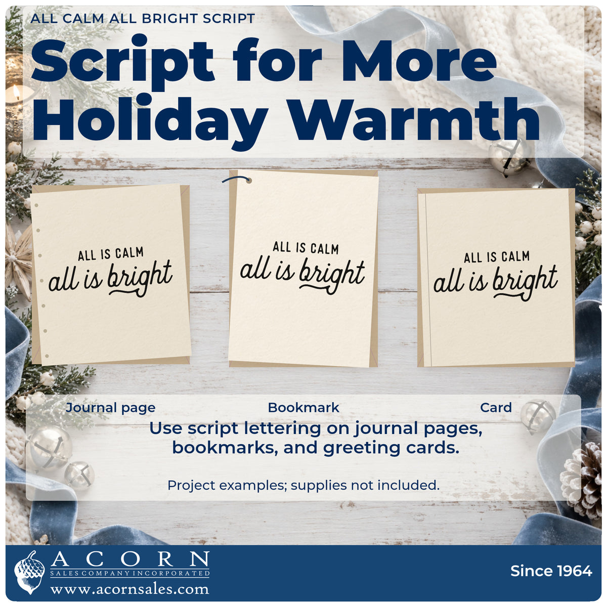 Three project examples made with the Self-Inking All Is Calm All Is Bright Stamp, including evening note sheet.