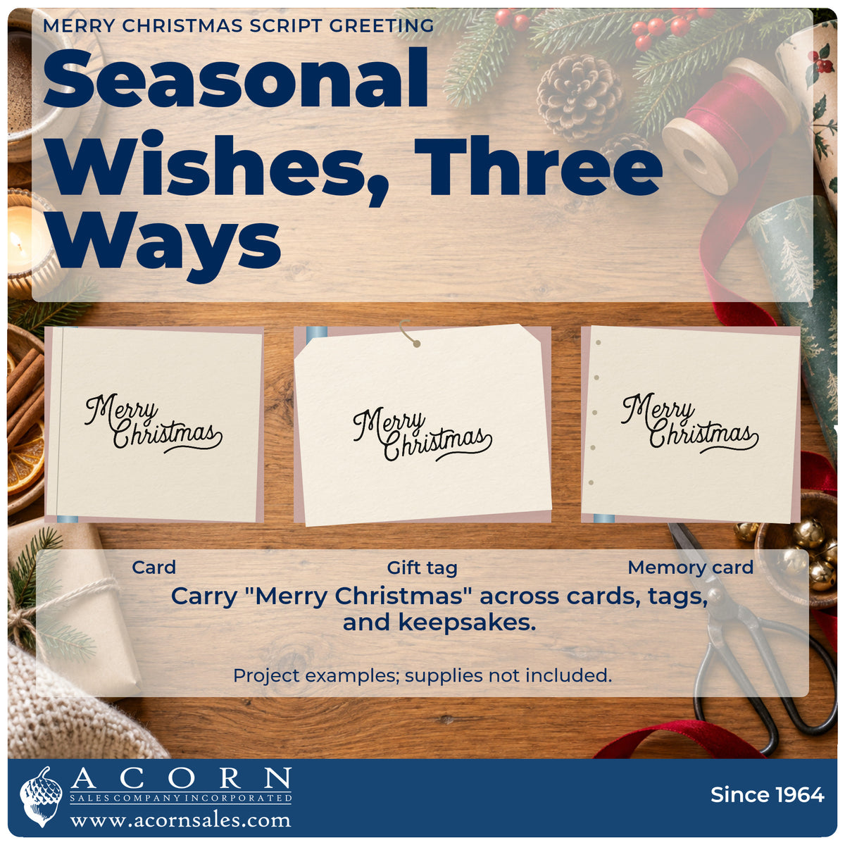 Three project examples made with the Merry Christmas Underline Flourish Wood Handle Stamp, including drill repeat sheet.