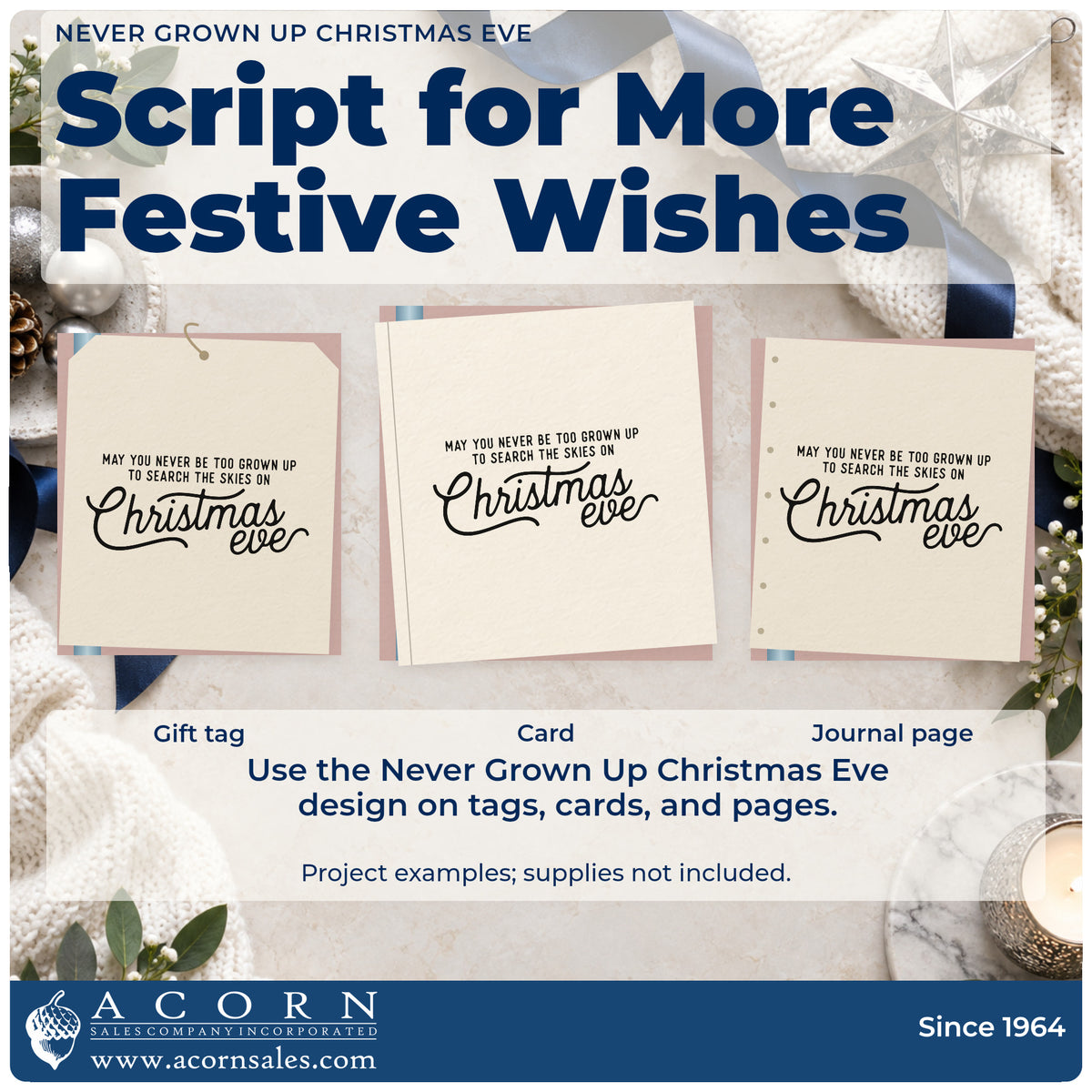 Three project examples made with the Never Grown Up Christmas Eve Script Lettering Hand Stamp – Duo, including night watch sheet.