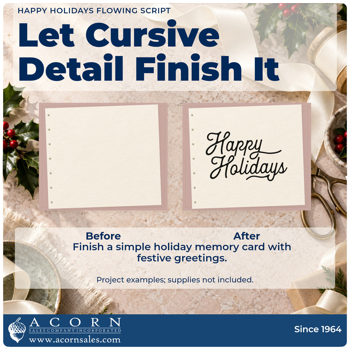 Before and after of a plain item finished with the Happy Holidays Flowing Script Rubber Stamp – Duo Hand, a quick upgrade for framed wide mat.