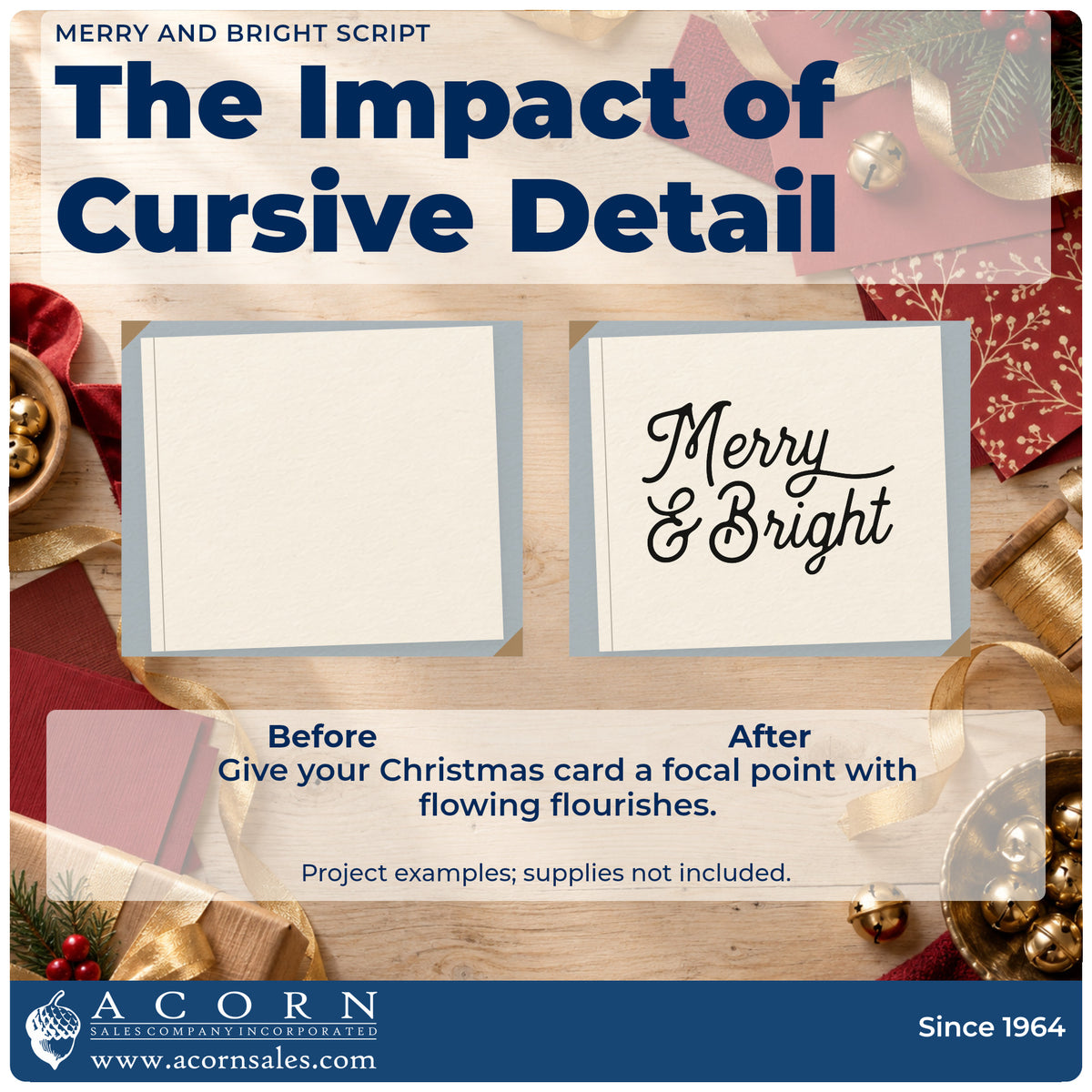 Before and after of a plain item finished with the Merry And Bright Script Lettering Rubber Stamp – Wood Handle, a quick upgrade for framed close hang.