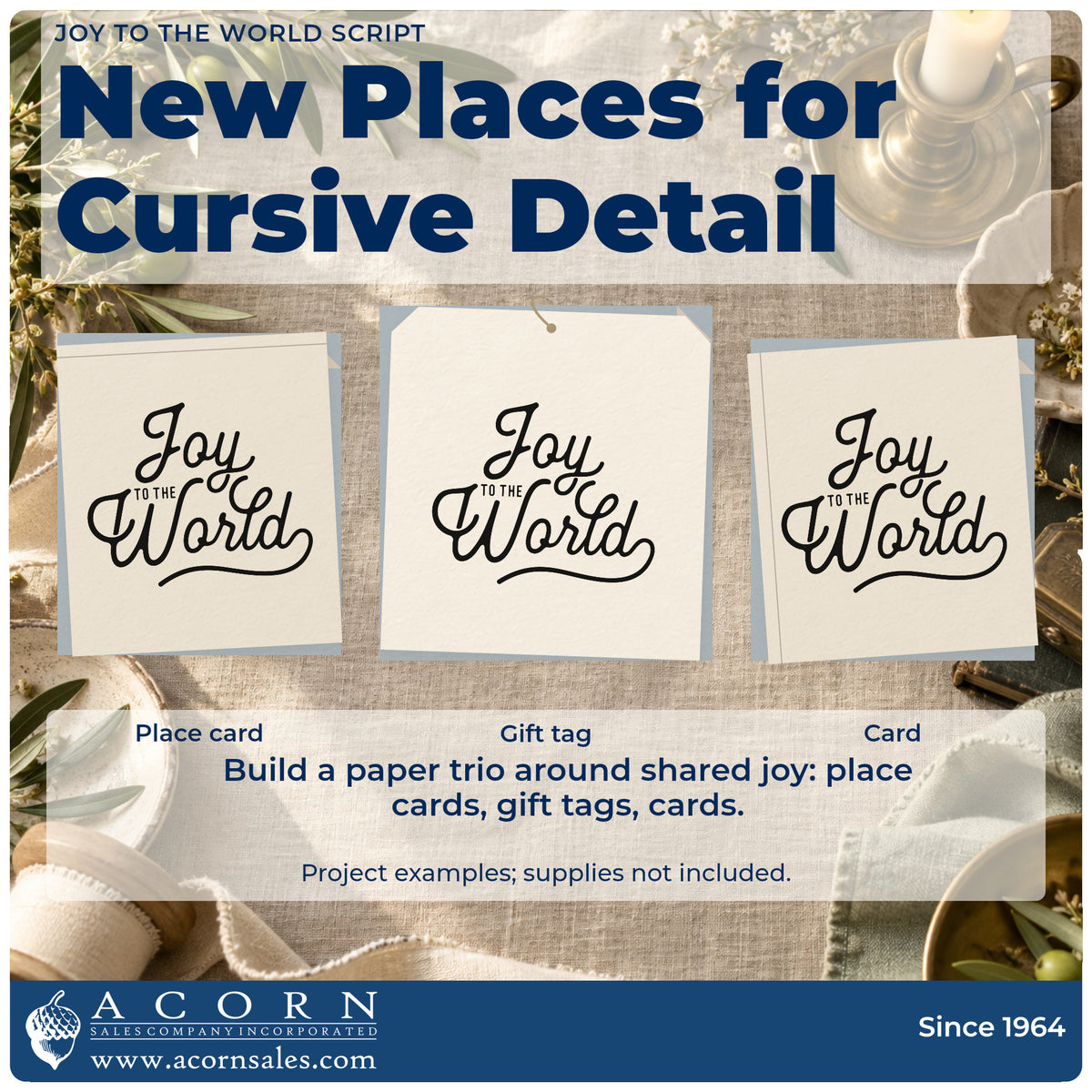 Three project examples made with the Joy To The World Script Lettering PSI Pre-Inked Stamp, including lead line sheet.
