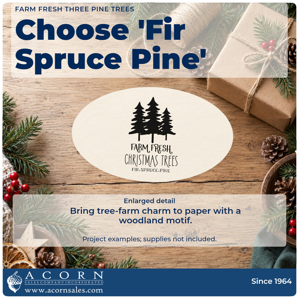 Enlarged detail of the Farm Fresh Three Pine Trees Stamp – Premium Vintage Pro Wooden imprint. Three solid pine trees stand above "Farm fresh Christmas trees" and "fir spruce pine."