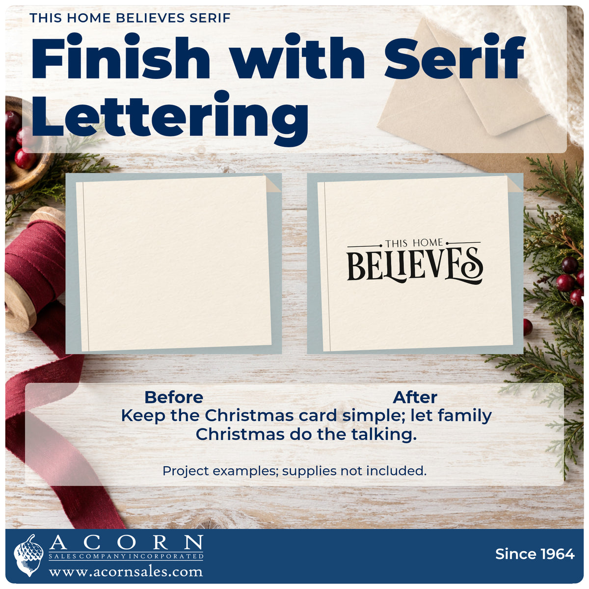 Before and after of a plain item finished with the This Home Believes Serif Self-Inking Stamp, a quick upgrade for runner line printing.