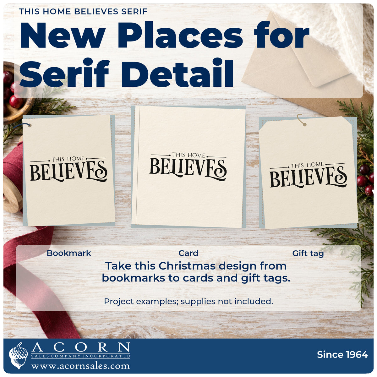 Three project examples made with the This Home Believes Serif Pre-Inked Stamp – PSI, including lined gift tags.
